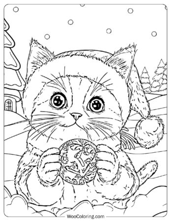 Cute Christmas Cat with Santa Hat Coloring Page