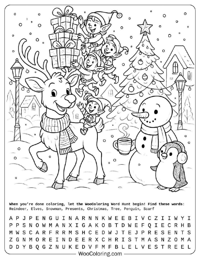 Cute Christmas Coloring Page with Reindeer, Elves, Snowmen and Penguin