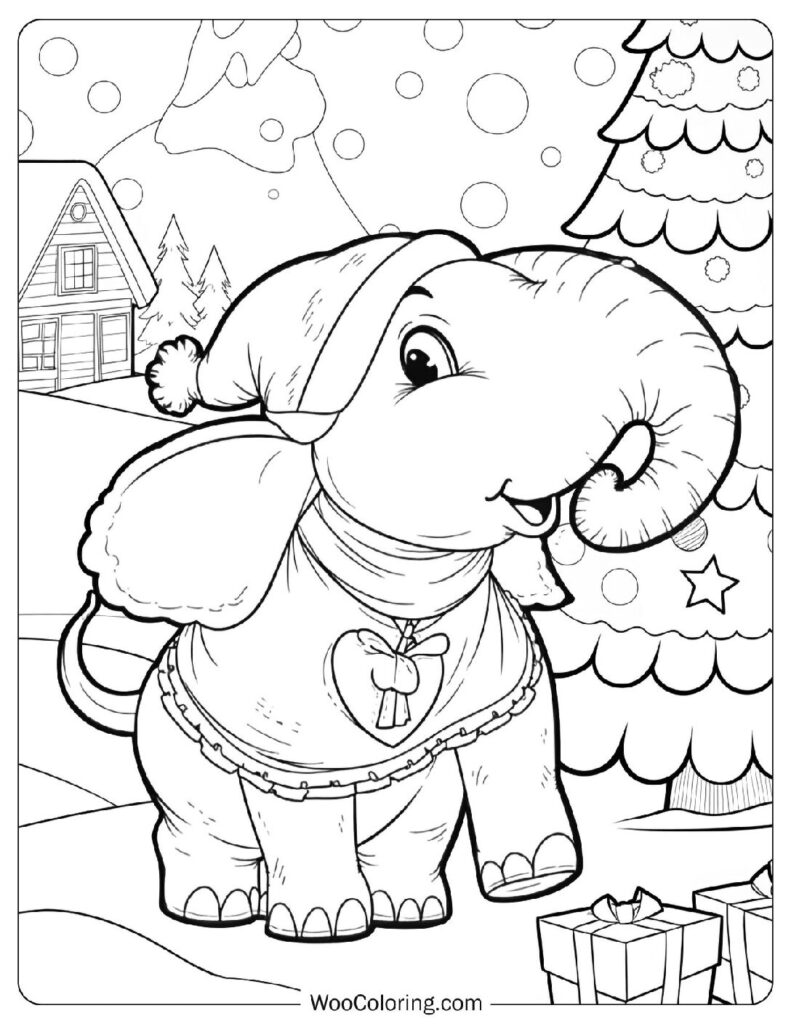 Christmas Elephant Carrying Presents Near a Snowy Pine Tree