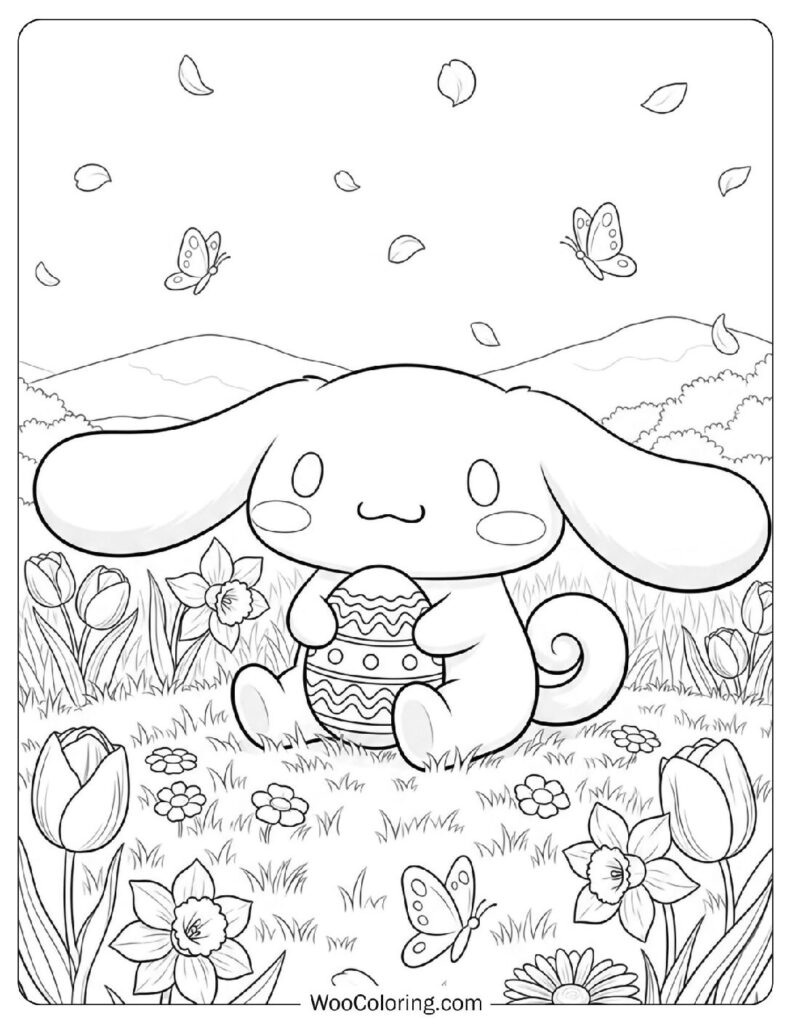 Cute Cinnamoroll Coloring Picture Holding a Decorated Easter Egg and Smiling Softly on a Peaceful Spring Morning