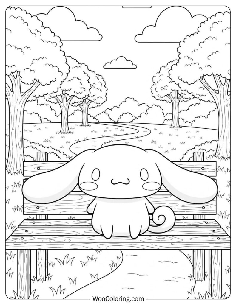Cute Cinnamoroll resting on a bench reading a story to himself