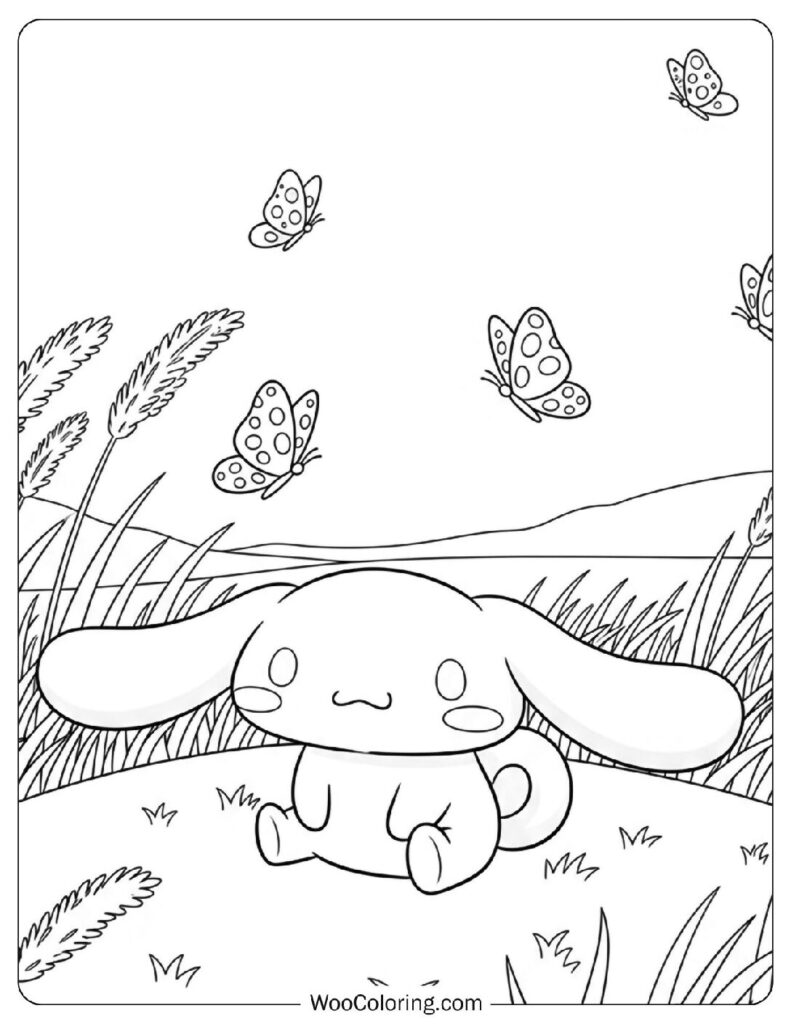 Cute Cinnamoroll sitting alone on a hill surrounded by floating butterflies