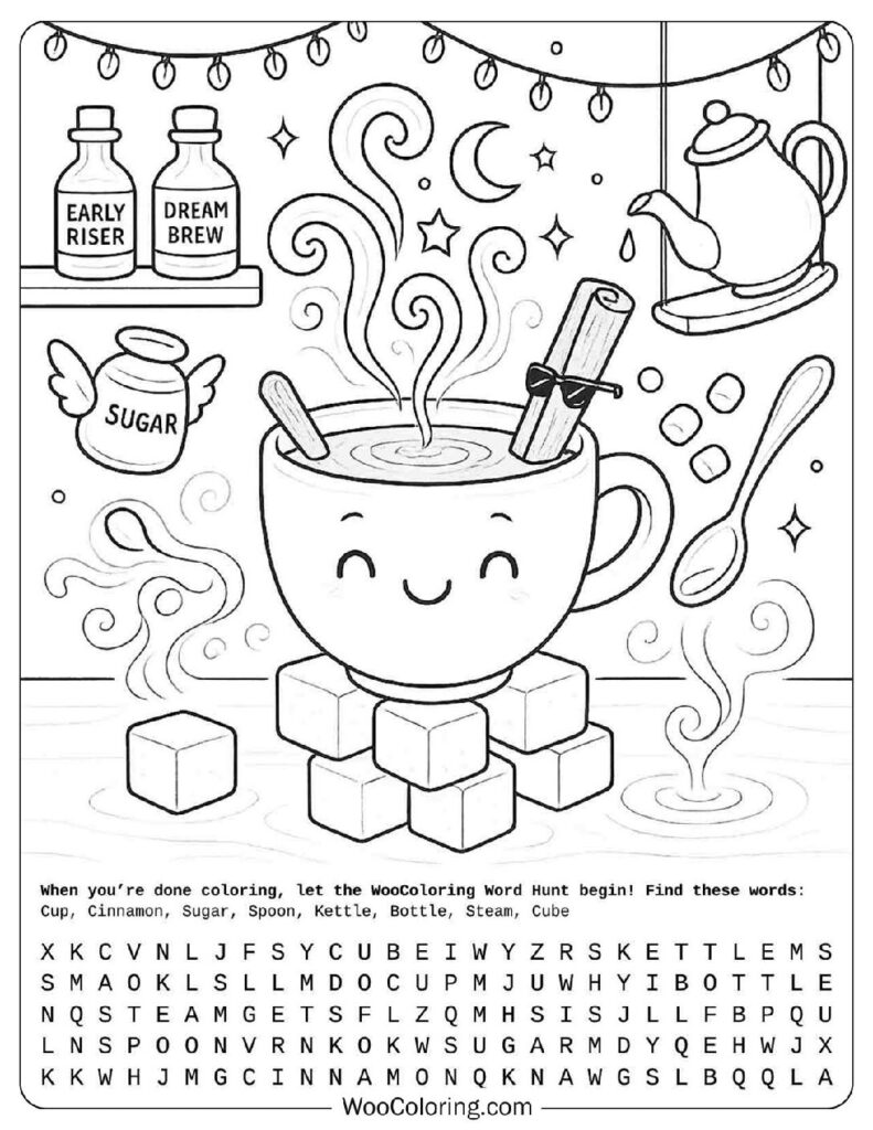 Cute Coffee Cup Coloring Page for Kids with Sugar Cubes and Cinnamon