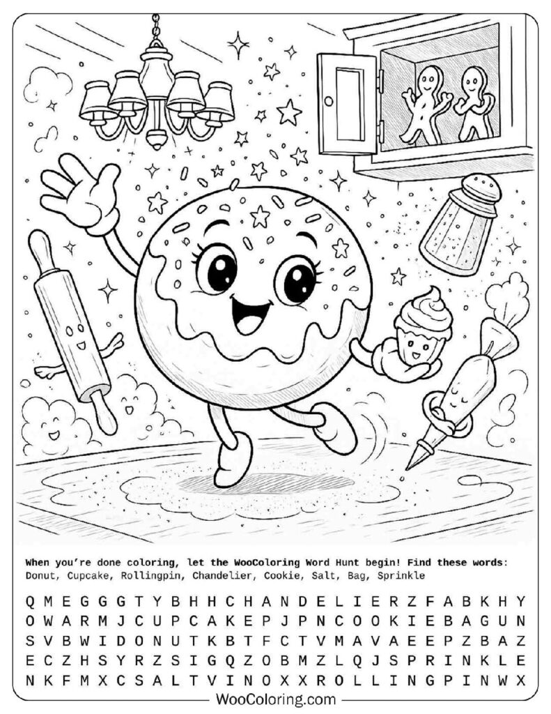 Cute Dancing Donut Coloring Sheet for Kids with Cupcake and Rolling Pin