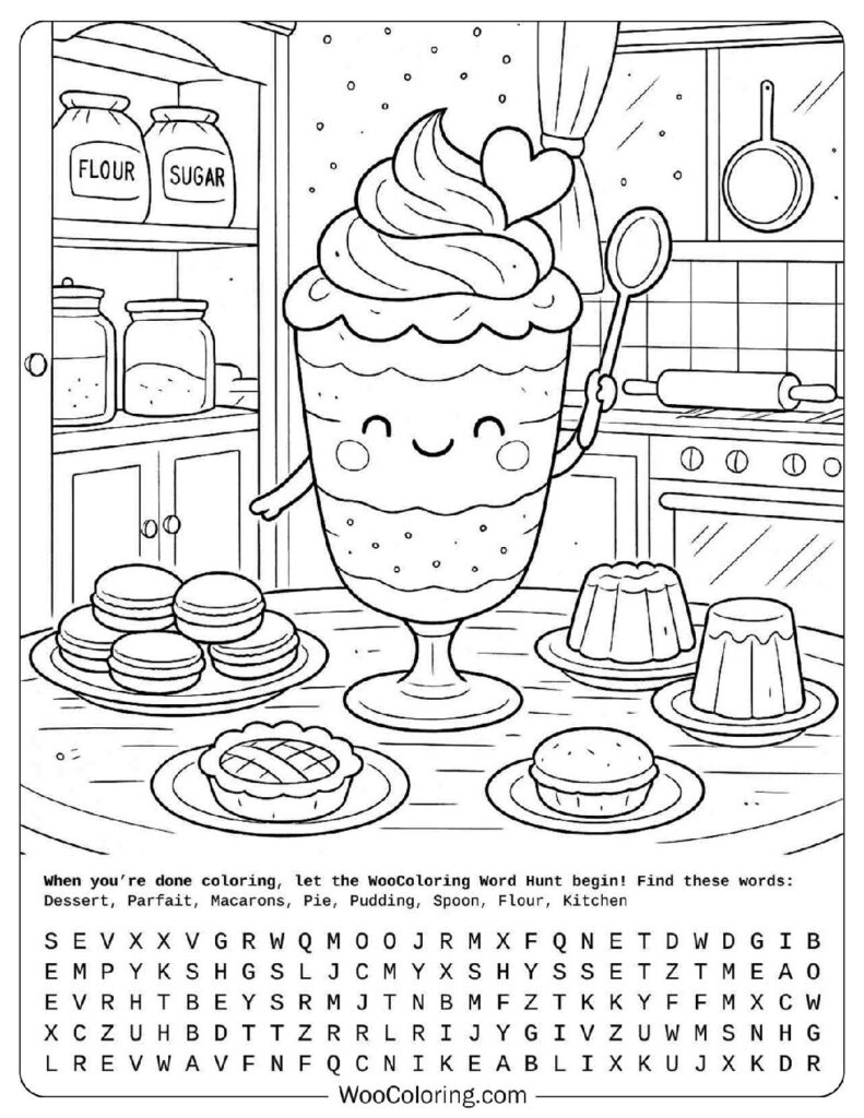 Cute Dessert Party with Puddings and Pastries Coloring Sheet