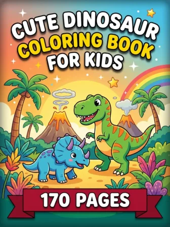 Children’s coloring book cover titled “Cute Dinosaur Coloring Book for Kids” with a smiling green dinosaur and a blue triceratops in a prehistoric scene. Palm trees, volcanoes, rainbow, tropical plants, and a red banner reading “170 Pages” create a bright, playful design.