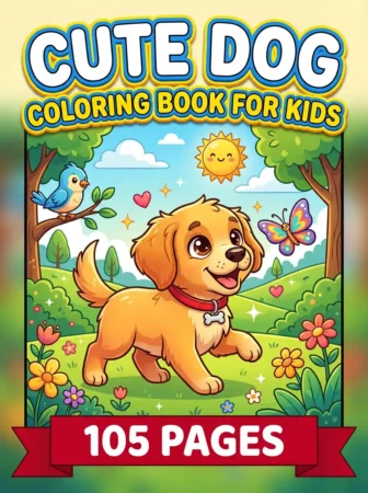 Children’s coloring book cover titled “Cute Dog Coloring Book for Kids” with a happy cartoon puppy standing in a sunny park. Flowers, trees, clouds, a blue bird, butterfly, hearts, and a red banner reading “105 Pages” create a bright, playful scene.