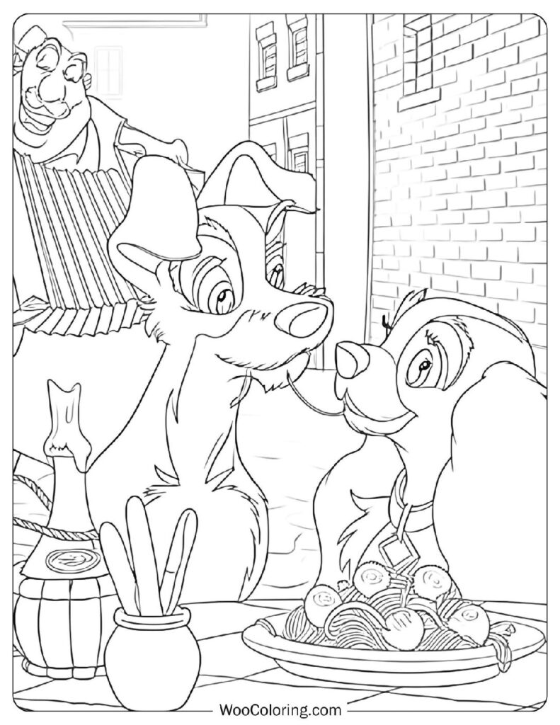 Lady and the Tramp Sharing Spaghetti in a Romantic Candlelit Dinner Scene
