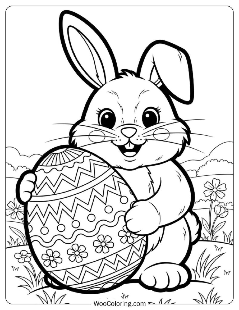Cute Easter Bunny Holding a Giant Decorated Egg Coloring Page