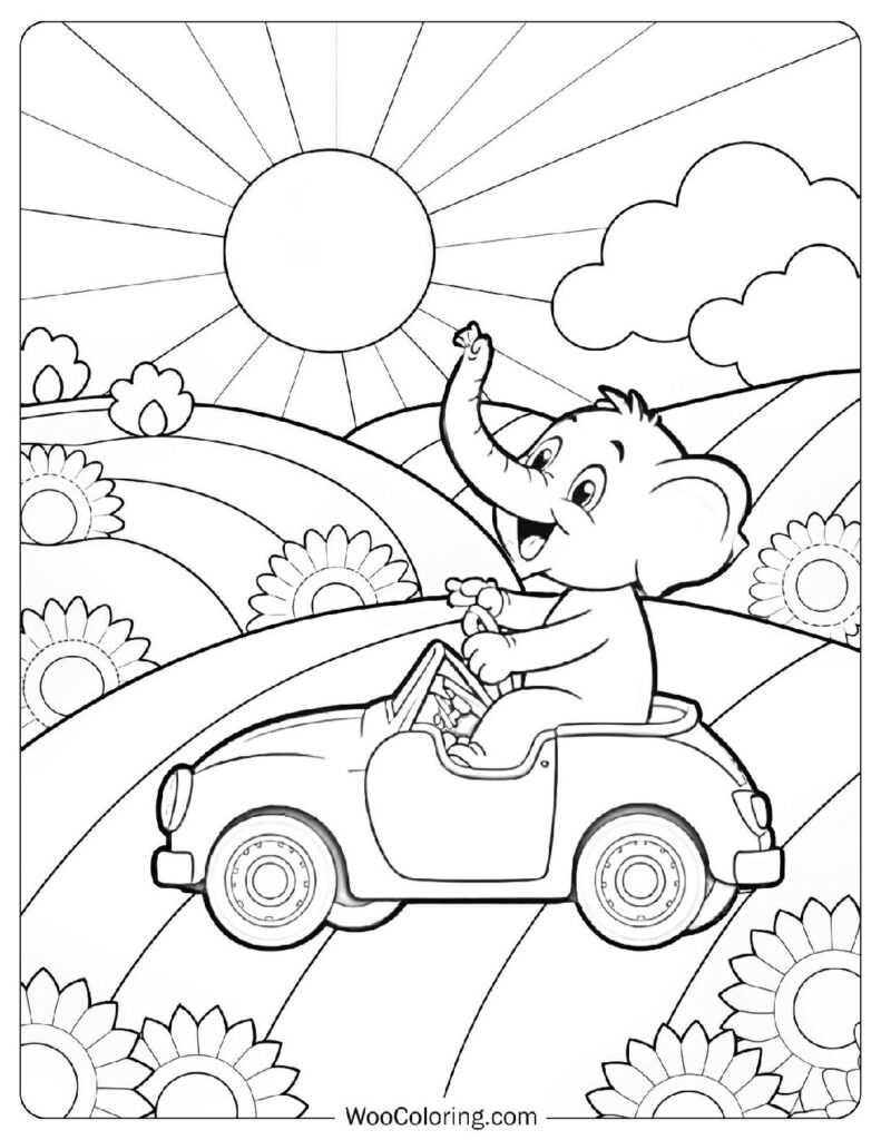 Little Elephant Driving a Car Down a Country Lane