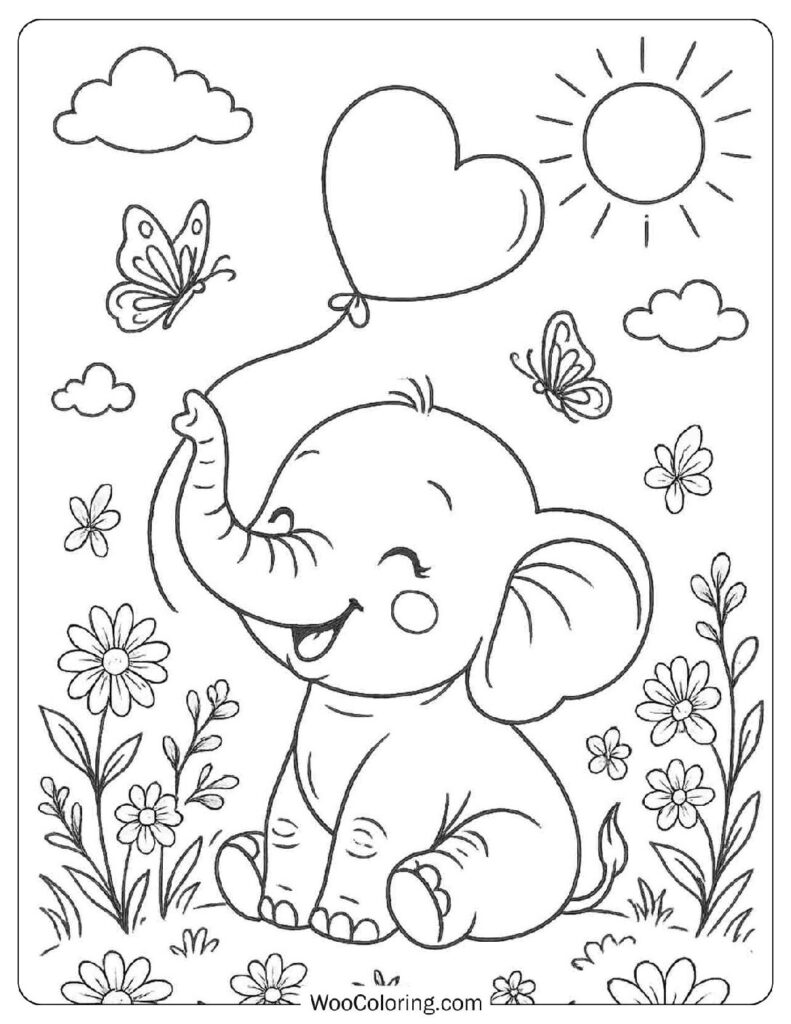 Cute Elephant Surrounded by a Heart Balloon and Butterflies
