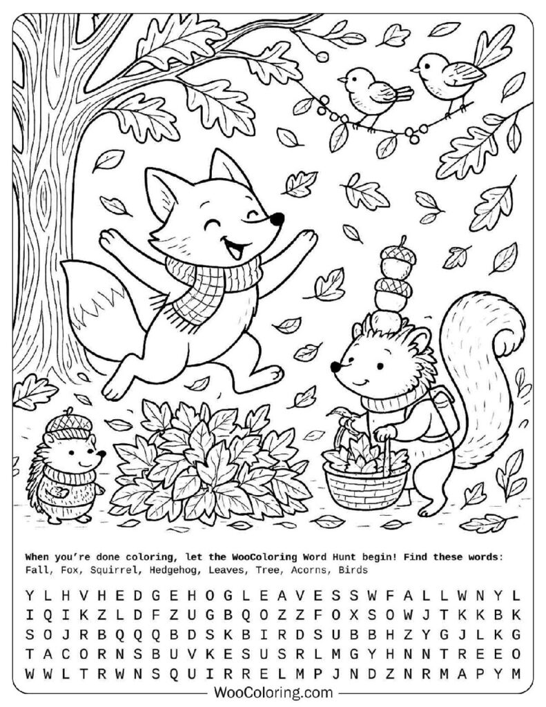 Cute Fall Coloring Picture with Fox, Squirrel, Hedgehog and Leaves