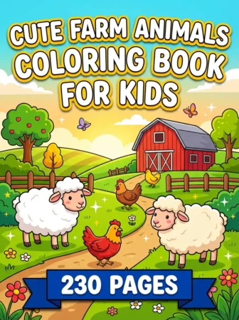Children’s coloring book cover titled “Cute Farm Animals Coloring Book for Kids” with two fluffy sheep and colorful chickens on a sunny farm path. A red barn, trees, flowers, butterflies, fenced fields, and a blue banner reading “230 Pages” create a bright, cheerful scene.