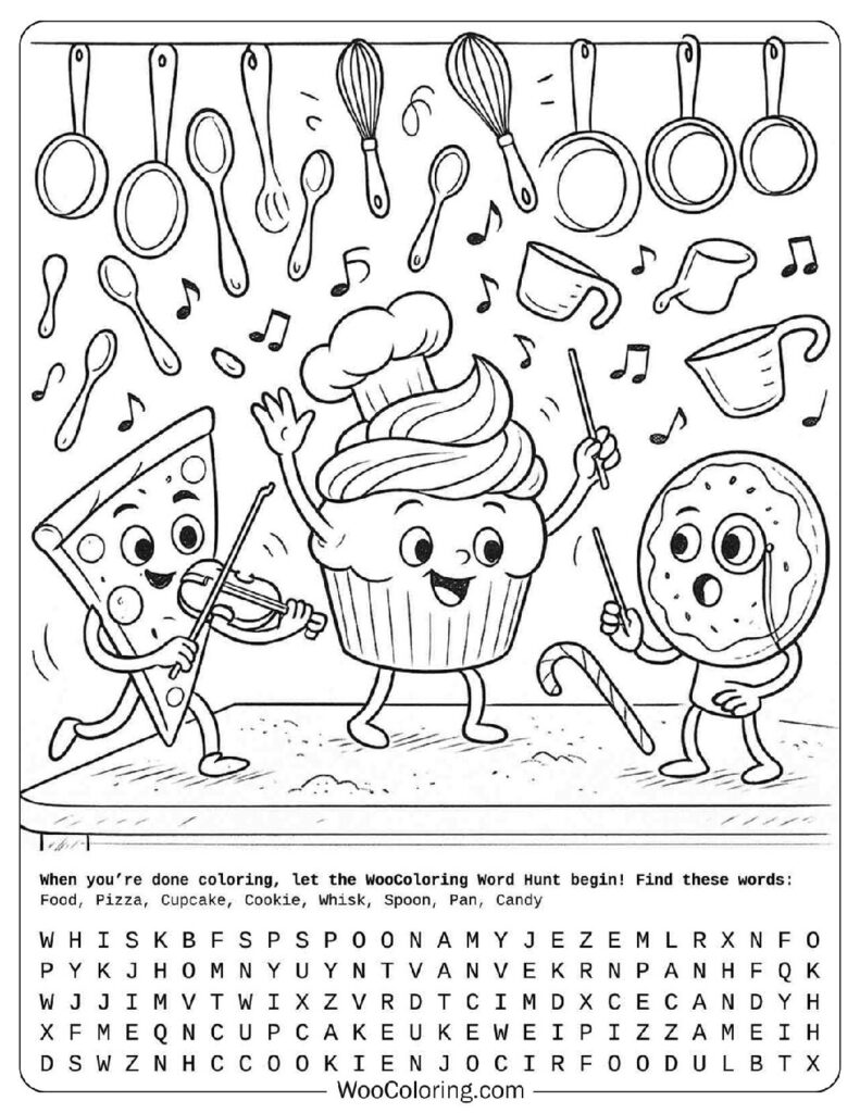 Cute Food Coloring Sheet for Kids with Cupcake, Cookie and Pizza