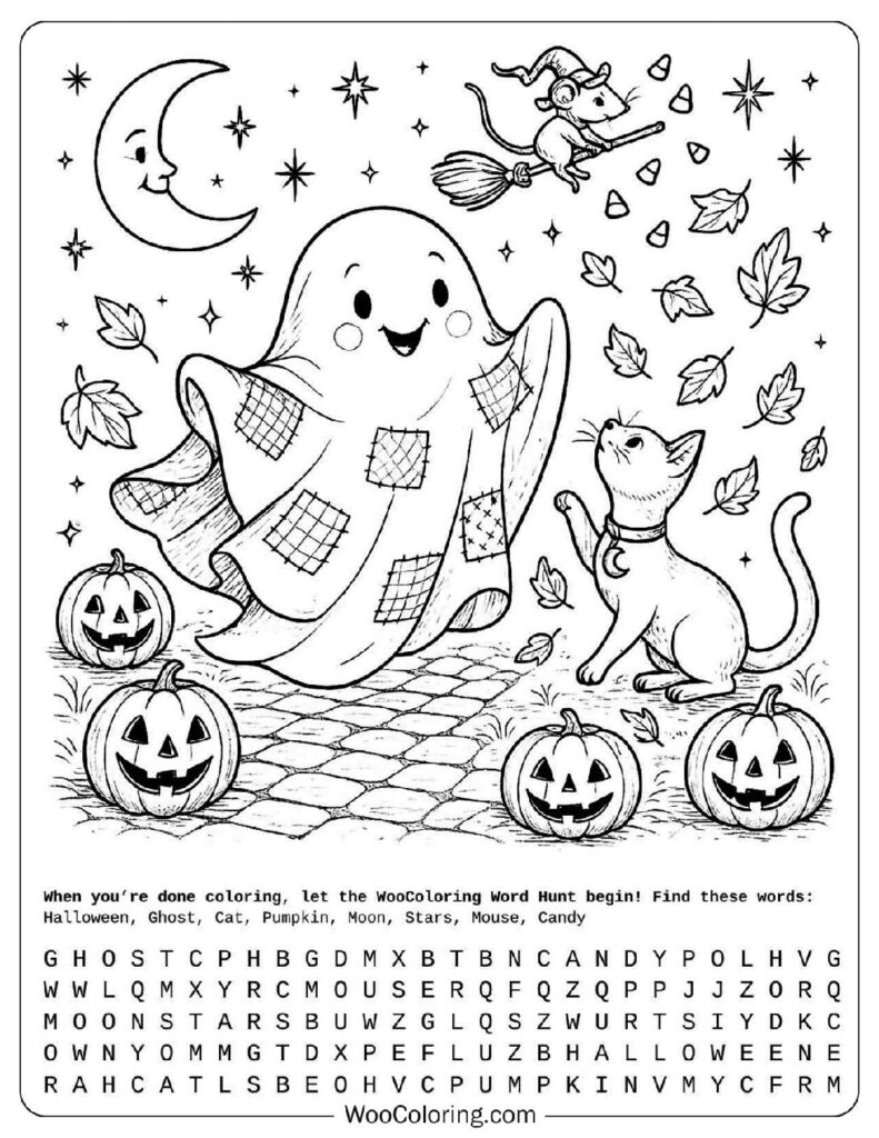 Cute Halloween Coloring Page for Kids with Ghost and Jack o’ Lanterns