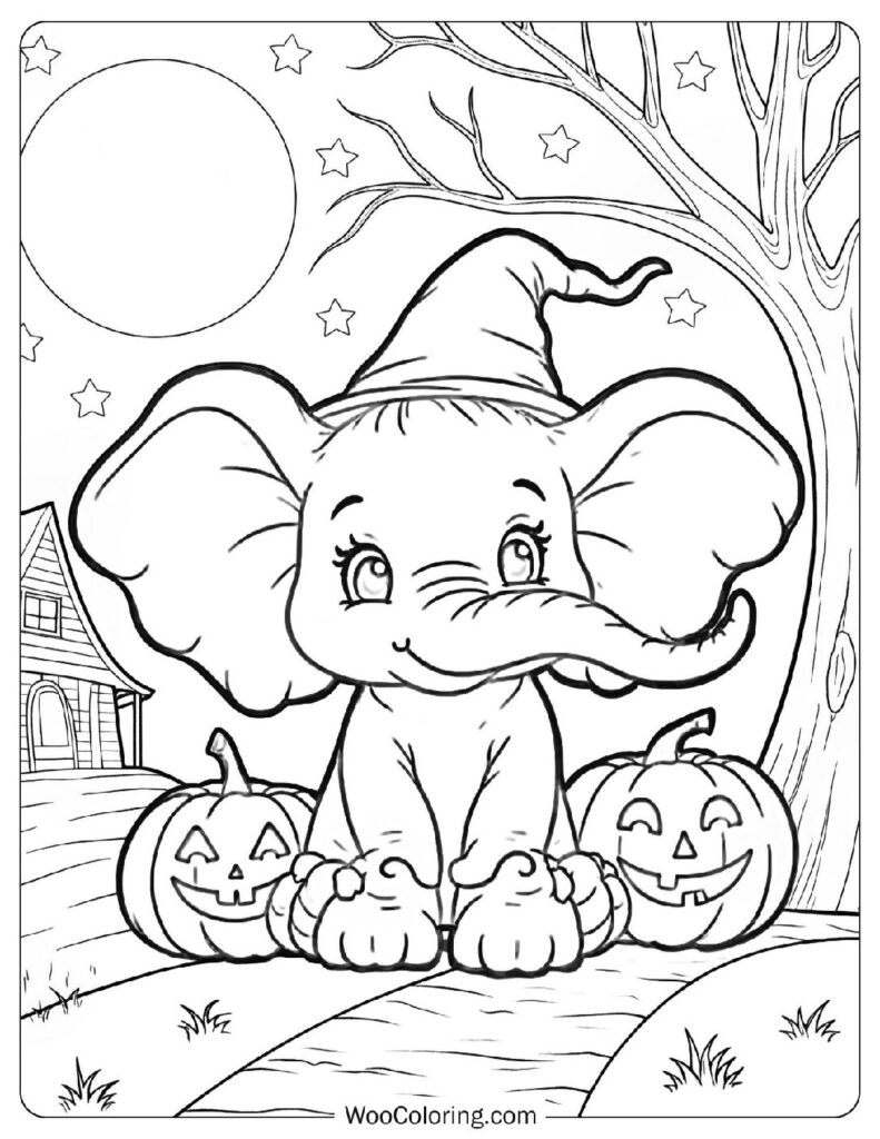 Halloween Elephant Surrounded by Pumpkins under a Full Moon