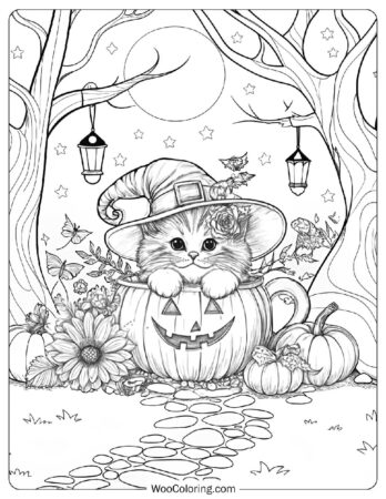 Cute Halloween Kitten with Jack-O’-Lantern Coloring Page