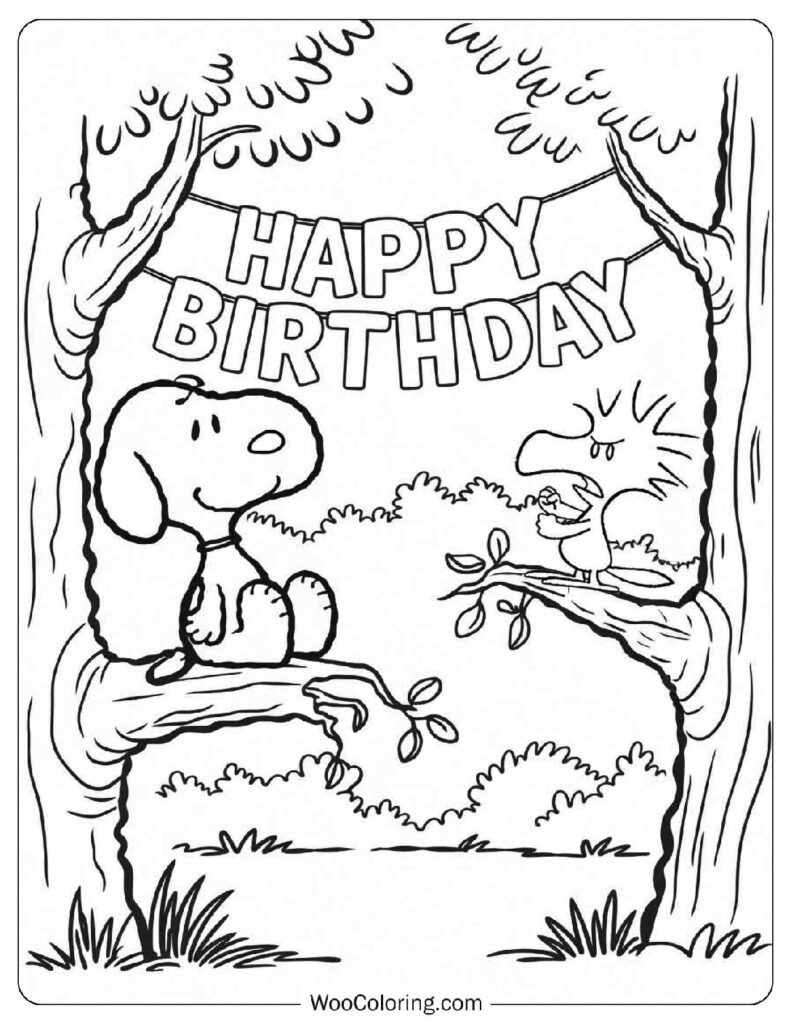 Cute Happy Birthday Illustration With Snoopy And Woodpecker Coloring Page