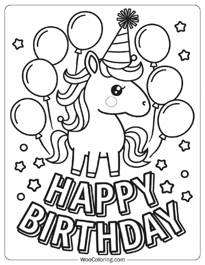 Cute Happy Birthday Unicorn With Festive Decorations And Stars Coloring Sheet For Kids
