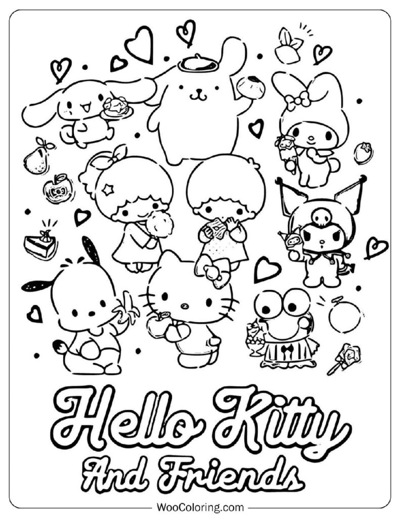 Cute Hello Kitty and Sanrio Characters in a Fun Illustration For Kids Coloring