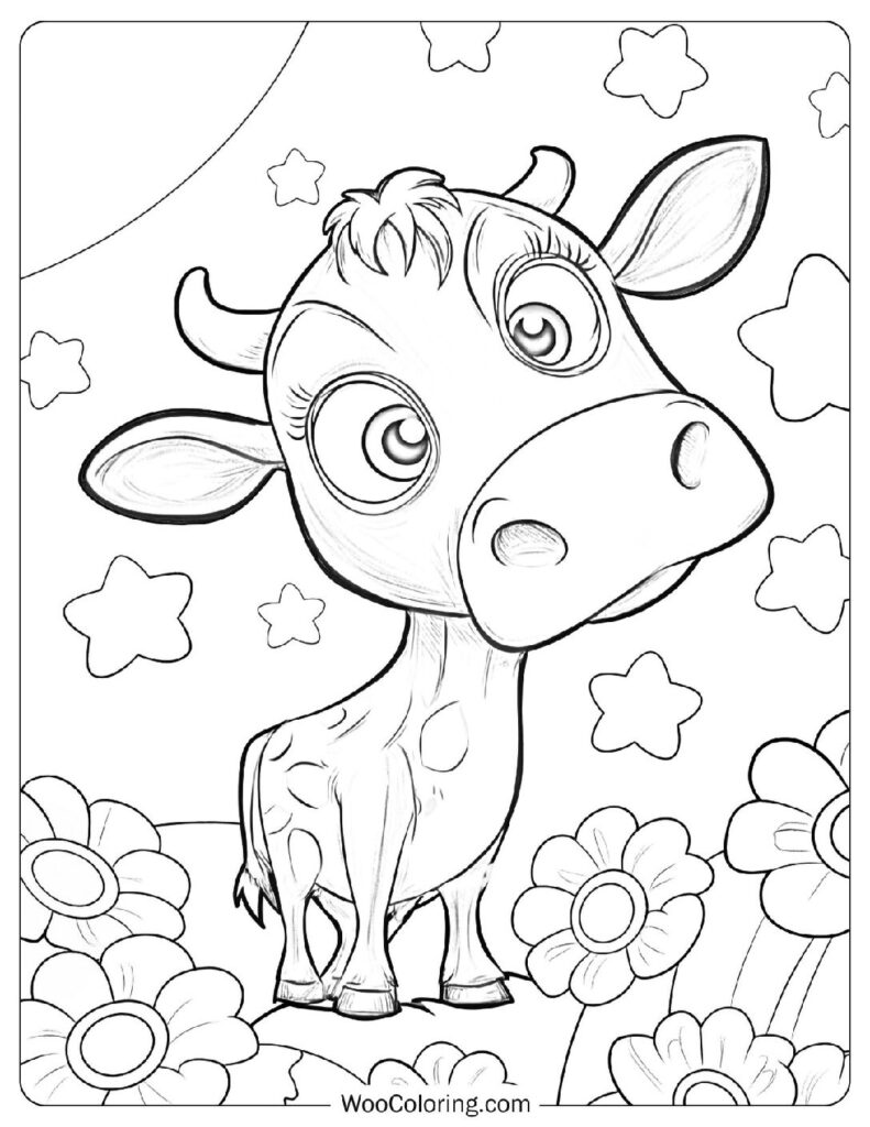 Cute Kawaii Cartoon Baby Cow Coloring Page For Kids
