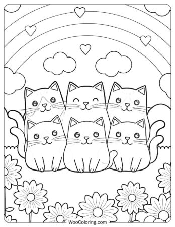 Cute Kawaii Cat Family with Rainbow and Hearts Coloring Page