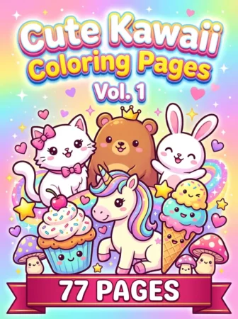 Children’s coloring book cover titled “Cute Kawaii Coloring Pages Vol. 1” with adorable cartoon characters including a white cat, teddy bear, bunny, and unicorn. Cupcake, ice cream, stars, hearts, mushrooms, and a pink banner reading “77 Pages” create a sweet pastel scene.