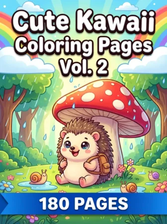 Children’s coloring book cover titled “Cute Kawaii Coloring Pages Vol. 2” with a smiling cartoon hedgehog sitting under a large red mushroom in a rainy forest. Snails, flowers, rainbow, clouds, and a blue banner reading “180 Pages” create a sweet, whimsical scene.