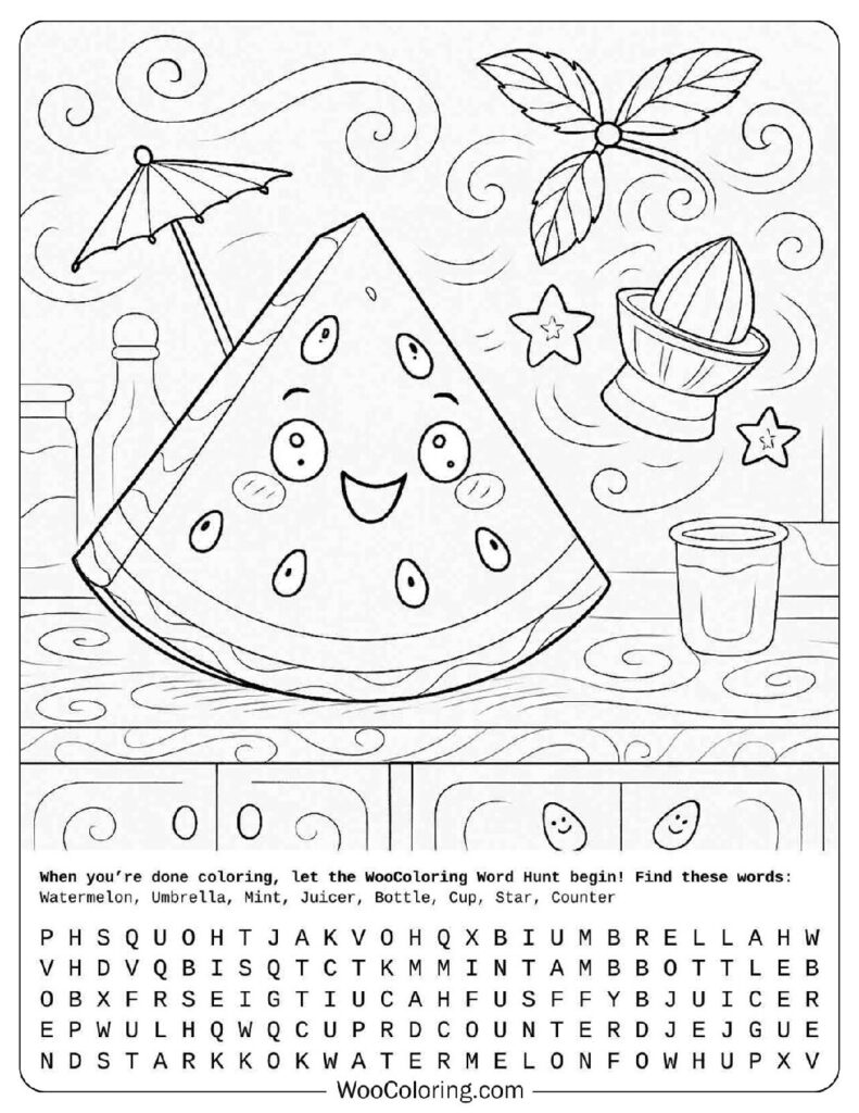 Cute Kawaii Happy Watermelon with Mint, Citrus Juicer, and Umbrella