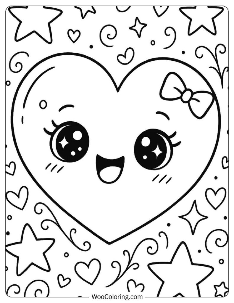 Cute Kawaii Heart with Sparkling Eyes and Bow