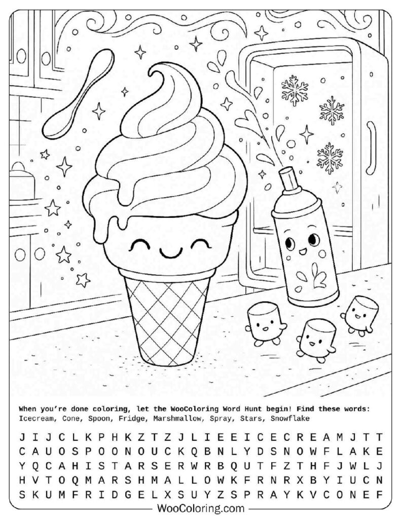 Cute Kawaii Ice Cream Cone with Marshmallows, Whipped Cream, and a Freezer