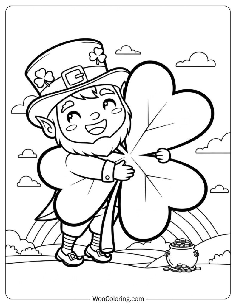 Cute Kawaii Leprechaun Hugging a Giant Shamrock Coloring Page