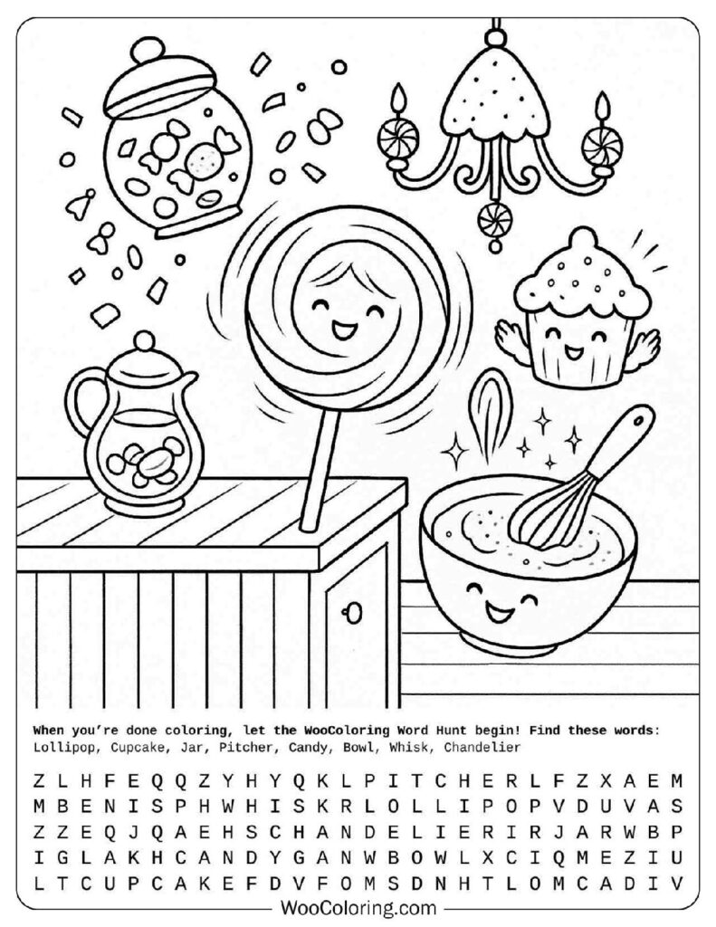 Cute Kawaii Lollipop Party with Cupcake, Whisk and Candy Jar