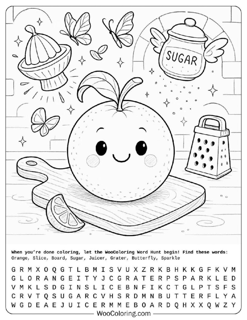 Cute Kawaii Orange in a Magical Kitchen with Sugar and Juicer