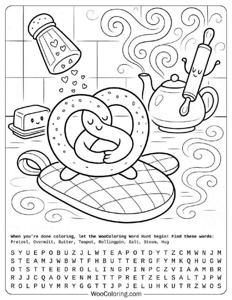 Cute Kawaii Pretzel Hug with Rolling Pin, Salt, Butter, and Teapot