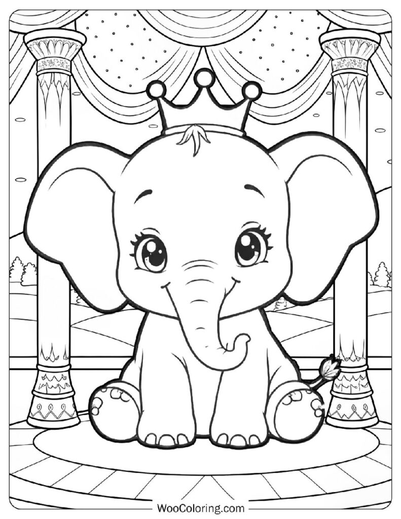Princess Kawaii Elephant Coloring Sheet with a Crown and Stars