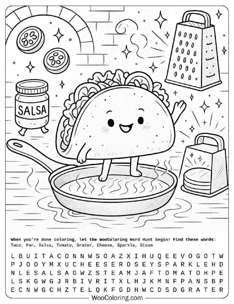 Cute Kawaii Taco in a Pan Coloring Page with Salsa, Cheese Grater