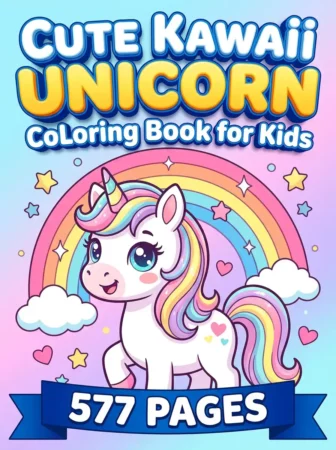 Children’s coloring book cover titled “Cute Kawaii Unicorn Coloring Book for Kids” with a smiling pastel unicorn standing beneath a rainbow. Hearts, stars, clouds, soft sparkles, and a blue ribbon banner reading “577 Pages” create a sweet, magical scene.
