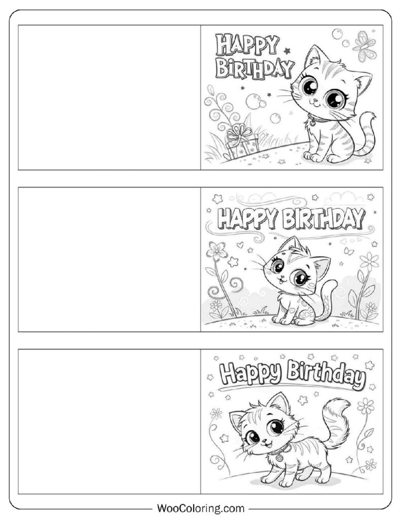 Cute Kitten Happy Birthday Card Collection To Color