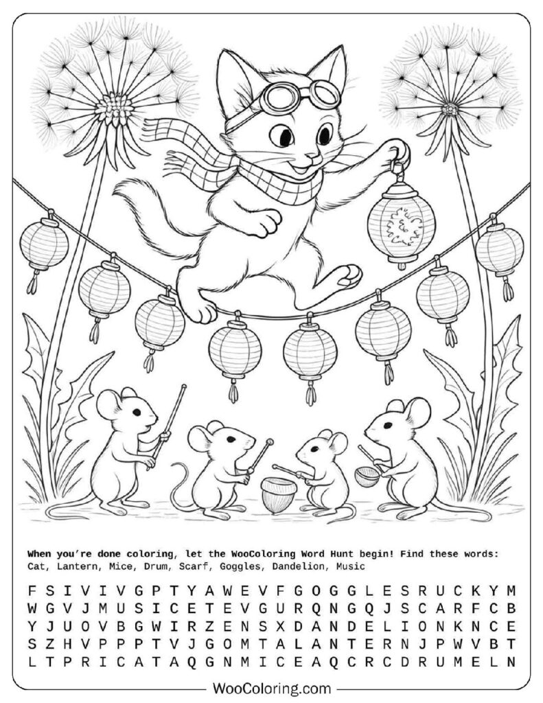 Cute Kitten Lantern Parade Coloring Sheet for Kids