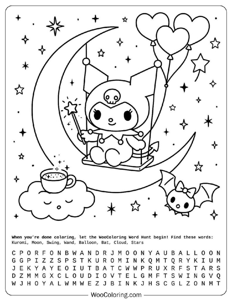 Cute Kuromi on a Moonlight Swing Coloring Sheet