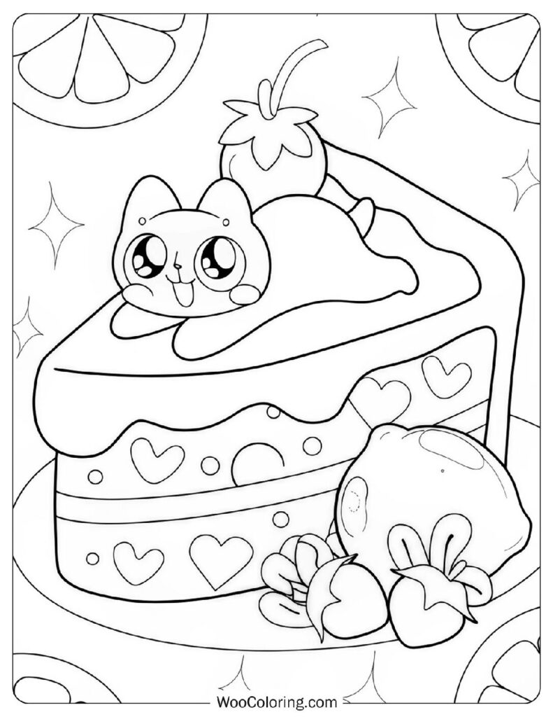 Cute Lemon Cake With A Tiny Cat Sitting On Top Coloring Sheet For Preschoolers