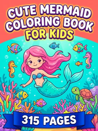 Children’s coloring book cover titled “Cute Mermaid Coloring Book for Kids” with a smiling pink-haired mermaid swimming underwater. Colorful fish, seahorses, coral, bubbles, a turtle, and a blue banner reading “315 Pages” create a bright, magical ocean scene.