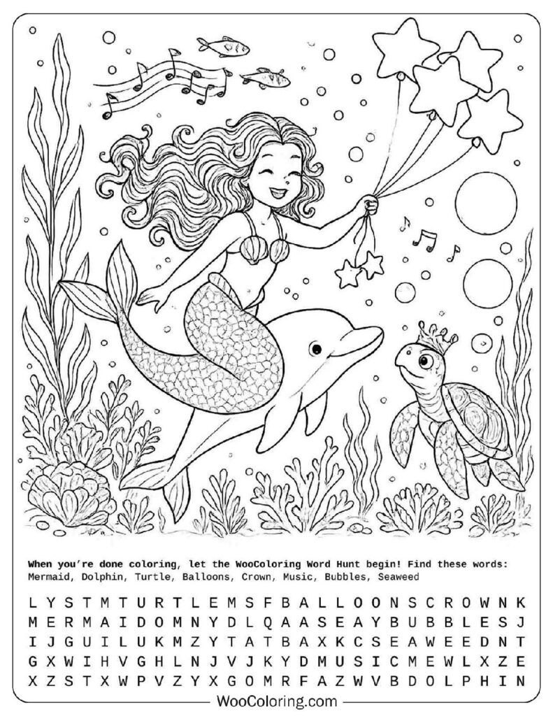 Cute Mermaid with Dolphin and Star Balloons Picture To Color