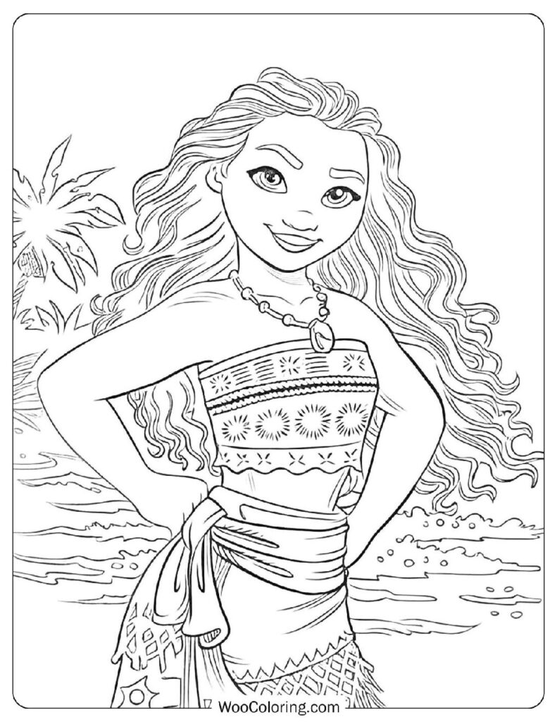 Cute Moana Coloring Sheet With Long Hair And Island Outfit