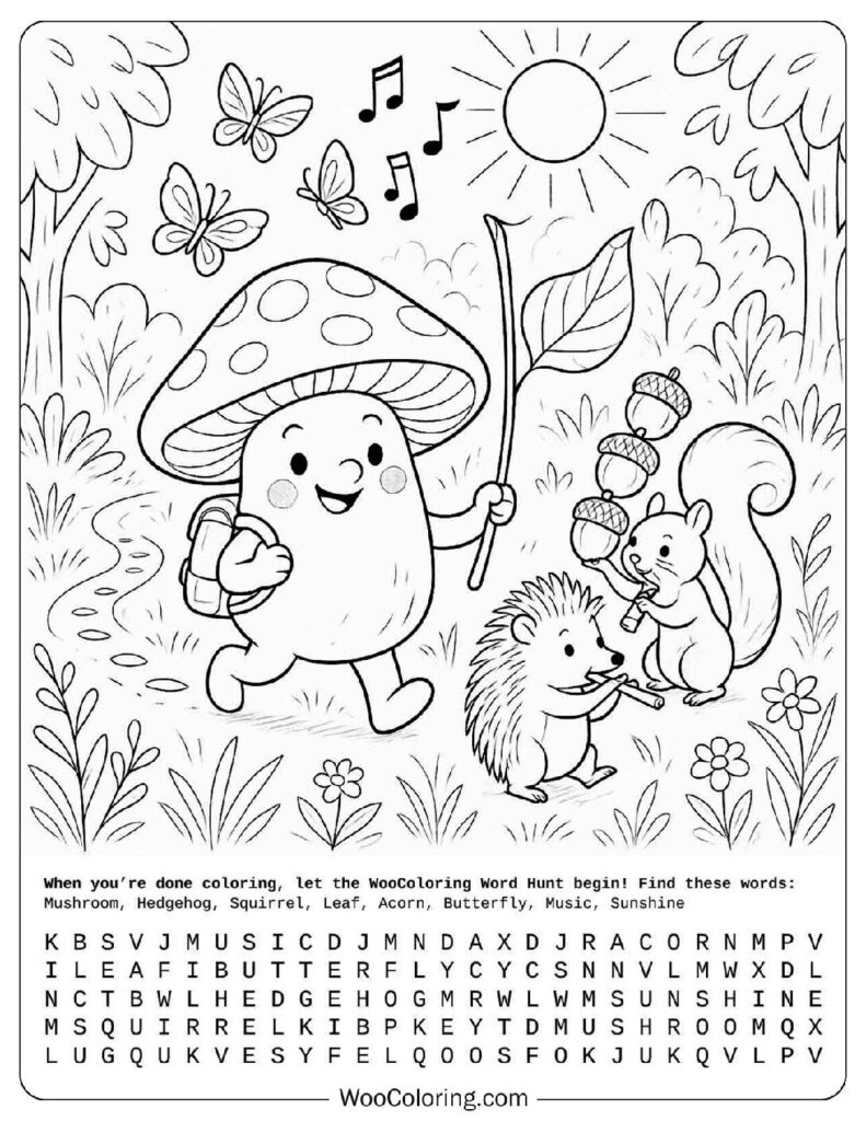 Cute Mushroom and Squirrel Coloring Page For Preschoolers