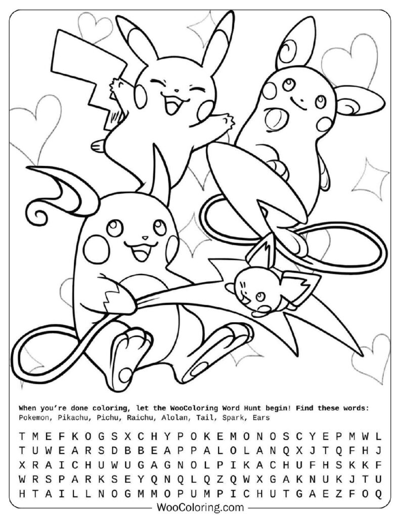 Cute Pokémon Coloring Page with Pikachu, Pichu and Raichu
