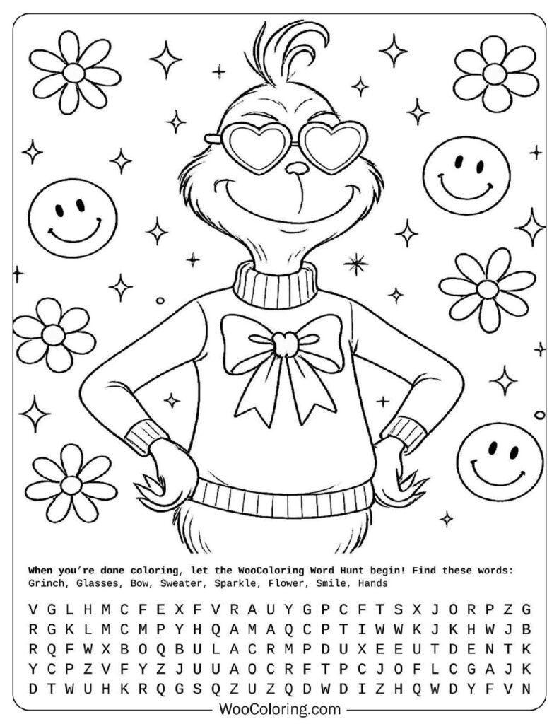 Cute Preppy Grinch Surrounded by Smiley Faces and Daisies