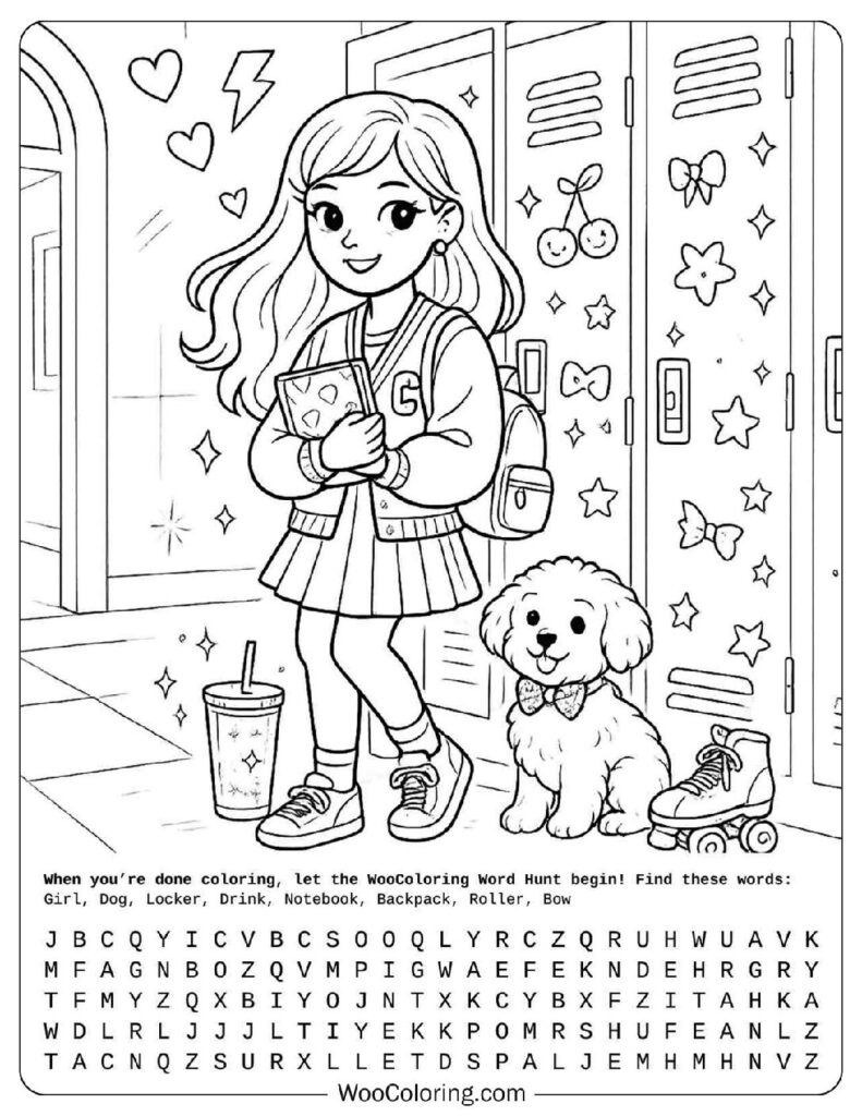 Cute Preppy School Hallway with Puppy and Lockers Coloring Sheet for Kids
