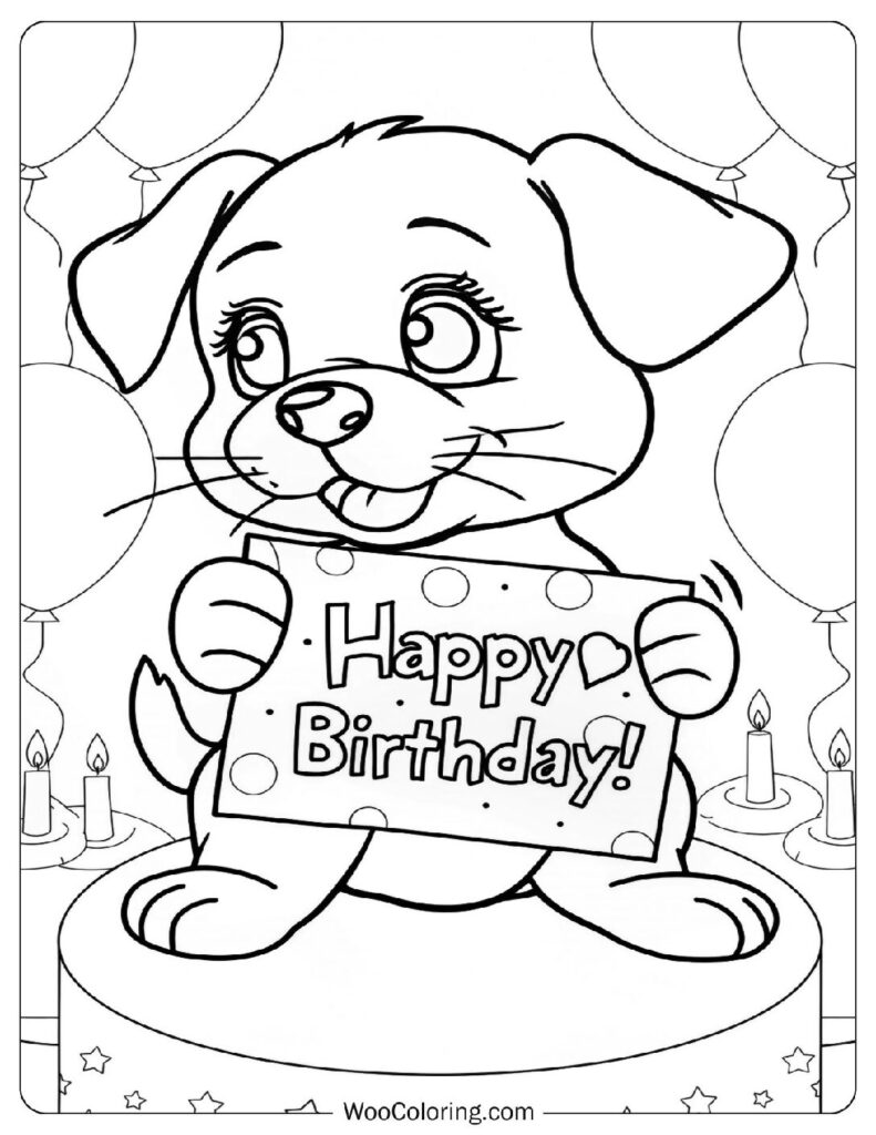 Cute Puppy Happy Birthday Card With Balloons And Cake For Kids Coloring